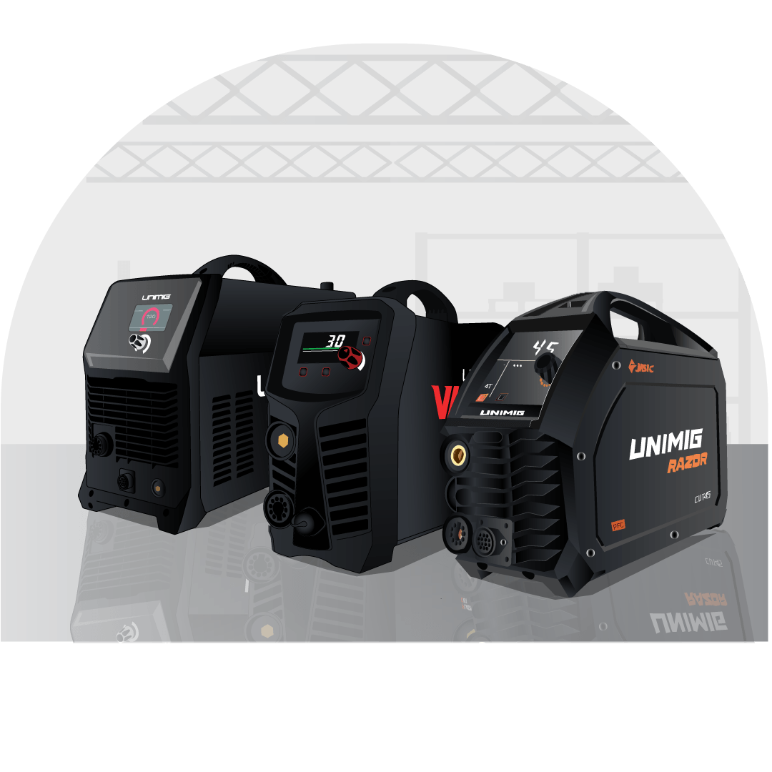 Line up of plasma cutter machines illustration